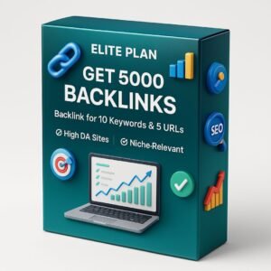 Teal-colored SEO backlink service box offering 5,000 backlinks for 10 keywords and 10 URLs with high DA and white-hat techniques.