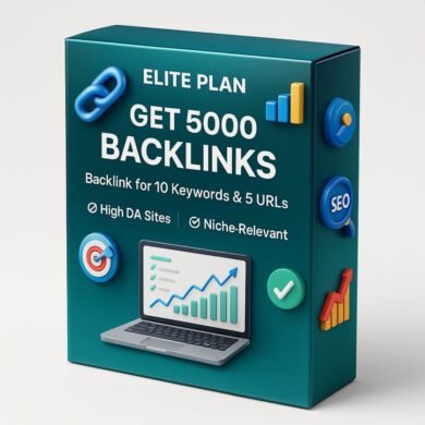 Teal-colored SEO backlink service box offering 5,000 backlinks for 10 keywords and 10 URLs with high DA and white-hat techniques.