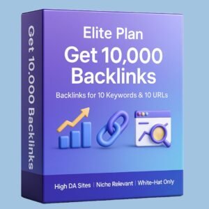 Purple SEO box displaying Elite Plan with 10,000 backlinks for 10 keywords and 10 URLs, using high DA and white-hat strategies.