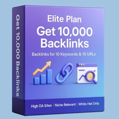 Purple SEO box displaying Elite Plan with 10,000 backlinks for 10 keywords and 10 URLs, using high DA and white-hat strategies.