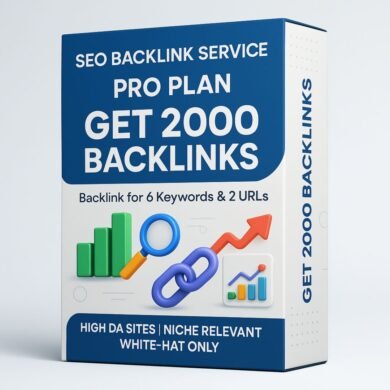 SEO Pro Plan product image offering 1200 backlinks for 6 keywords and 2 URLs, using high DA, niche-relevant, white-hat strategies.