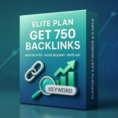 Elite SEO plan box showing 750 backlinks for 2 keywords and 2 URLs with high DA, niche-relevant, white-hat SEO.