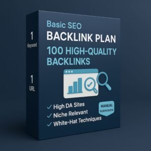 3D product box showing Basic SEO Backlink Plan for 1 keyword and 1 URL with 100 high-quality backlinks