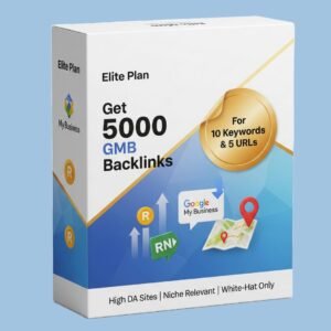 3D product box for Elite SEO plan offering 5000 Google My Business backlinks for 10 keywords and 5 URLs