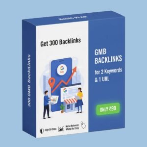 Blue-colored box offering 300 backlinks for Google My Business (GMB), supporting 2 keywords and 1 URL with high DA, niche-relevant sites.