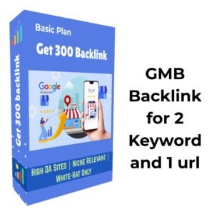 Blue-colored box offering 300 backlinks for Google My Business (GMB), supporting 2 keywords and 1 URL with high DA, niche-relevant sites.