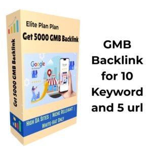 Yellow-colored Elite Plan box offering 5000 Google My Business backlinks for 10 keywords and 5 URLs, targeting high DA, niche-relevant sites.