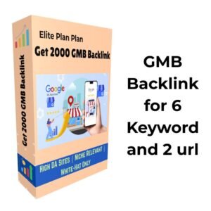 Peach-colored GMB backlink package offering 2000 backlinks for 6 keywords and 2 URLs with high DA, niche-relevant, white-hat strategy.