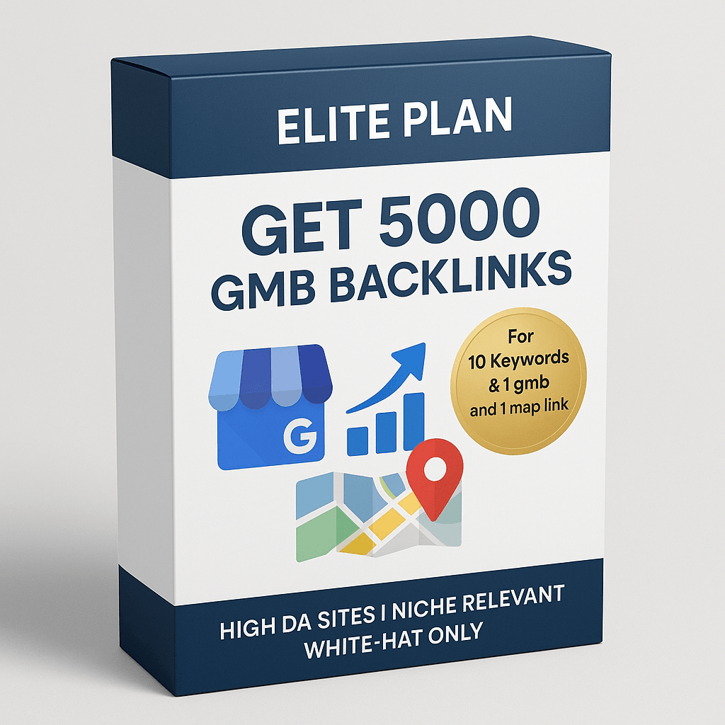 3D product box for Elite SEO plan offering 5000 Google My Business backlinks for 10 keywords and 5 URLs
